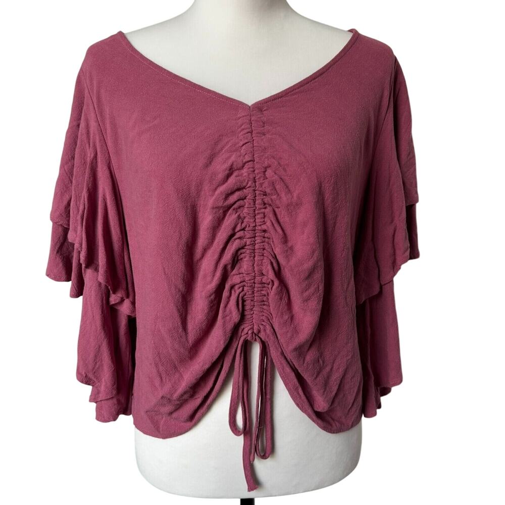 BEFORE YOU COLLECTION Women’s Large Rose Pink Linen Ruffle Crop Top Shirt Fairy